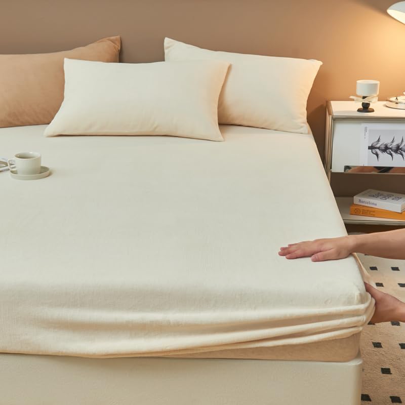 Crystal Milk Velvet, Solid-Color Protector, Soft and Fluffy, Multiple Sizes, Multiple Colors, Anti-Slip Mattress Protector, Does not Include Pillowcases (White,Queen)