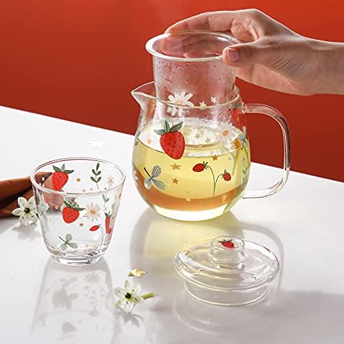 Miniatura 4 de Sizikato Tetera de vidrio de borosilicato transparente con colador de té, bonito patrón de fresa, 18 onzas