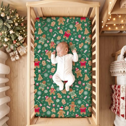 Image of JISEN Christmas Fitted Crib Sheets for Boys Girls 52x28 Inch Gingerbread