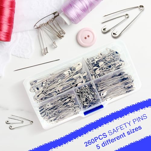 Sicherheitsnadeln 260 Stück 5 Größen NäHzubehöRstifte Aus Vernickeltem Stahl für Handwerk Pinning Säumen Dressmaking Nähen Sicherheitsnadel Set (260, Silber)