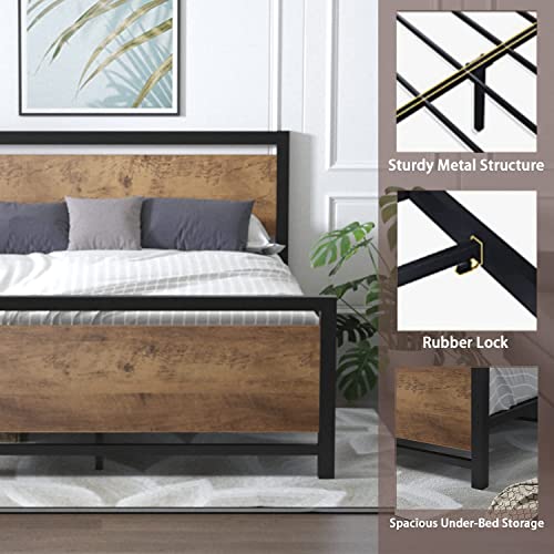 Queen Bed Frame With Headboard And Footboard, Industrial Platform Bed Queen With Heavy Duty Steel Slat Supports Mattress Foundation, Bed Frame Queen Metal Bed Frame With Storage, No Box Spring Needed #TOP6