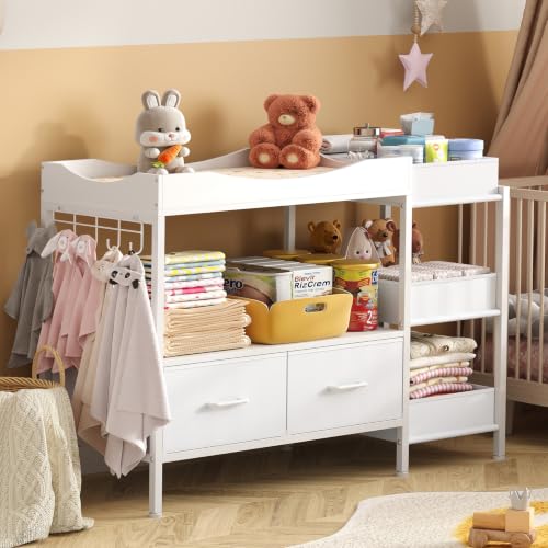 Image of Baby Changing Table with Storage,Heavy-Duty Diaper Changing Station, White Nursery Dresser Organizer with 2 Large Fabric Baby Drawers, 3 Diaper Caddy Bin & Wood Shelf, Kids & Baby Bedroom Furniture