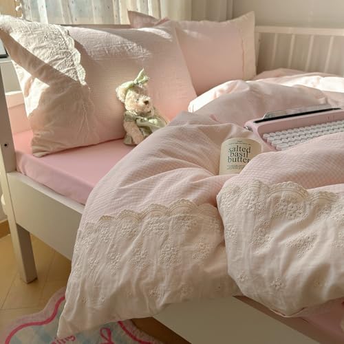 Image of VM VOUGEMARKET Pink Full Duvet Cover Set 3 Pieces Lace Bedding Set Simple Cozy Plaid Checkered Comforter Cover with Zipper Ties for Teen Girls