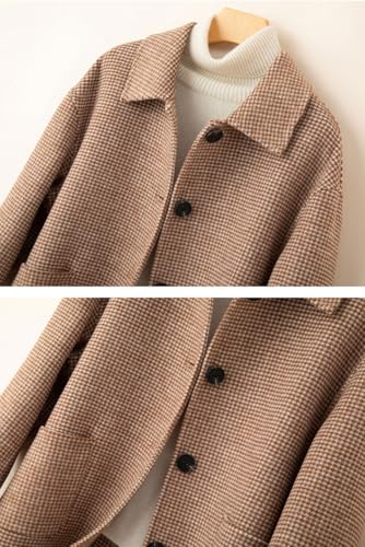 chouyatou Women's Elegant Lapel Houndstooth Plaid Wool Coat Casual Single Breasted Wool Blend Pea Coat with Pockets2