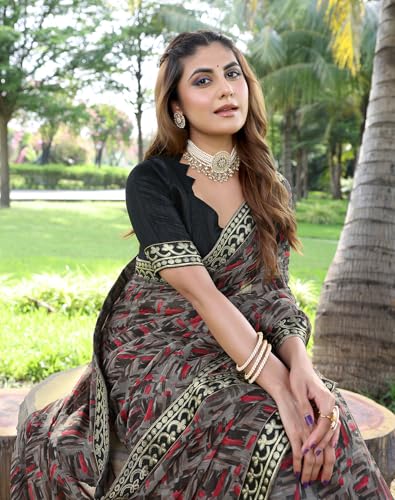 Image of Yashika Women's Georgette Saree with Lace Border |Solid Digital Printed Saree for Women