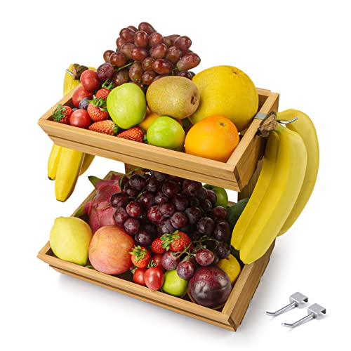 Ikkle Bamboo Fruit Basket For Kitchen, 2-Tier Fruit Basket Stand For Kitchen Counter With 2 Banana Hooks, Fruit Bowl Holder For Fruit And Vegetable Storage-Need Assemble #TOP15