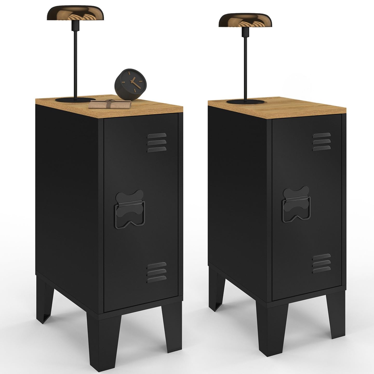 IDMarket - Lot de 2 Tables de Chevet étroites Ester 1 Porte métal Noir Plateau façon hêtre Design Industriel