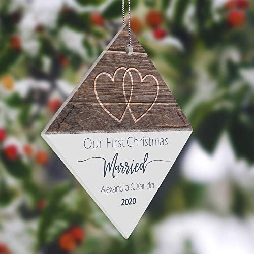 First Christmas Married Fused Hanging Glass Print – Mr And Mrs Personalized - Rustic Double Hearts Farmhouse - Christmas Tree Date Display 3.5" Diamond Square | Complimentary Red Velveteen Gift Bag #TOP4