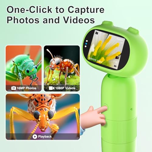 Image of 1000X Pocket Microscope for Kids - Railhorn Mini Microscope with 2 inch LCD Screen, 16MP Camera & 1080P Video, Handheld Magnifier with Light for Coins, Slides & Nature Exploration, STEM Toy for Ages 3-12