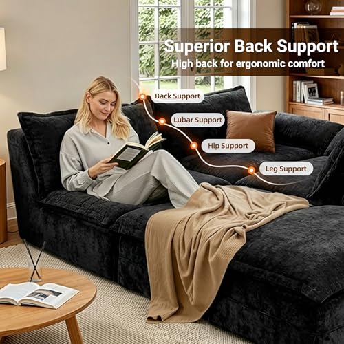 Image of Claiks 123 inch Modular Boneless Couch, L Shaped Couch for Living Room, Modern Deep Seat Sofa 3 Seater Chenille Fabric Comfy Cloud Couches with Movable Ottoman, Black