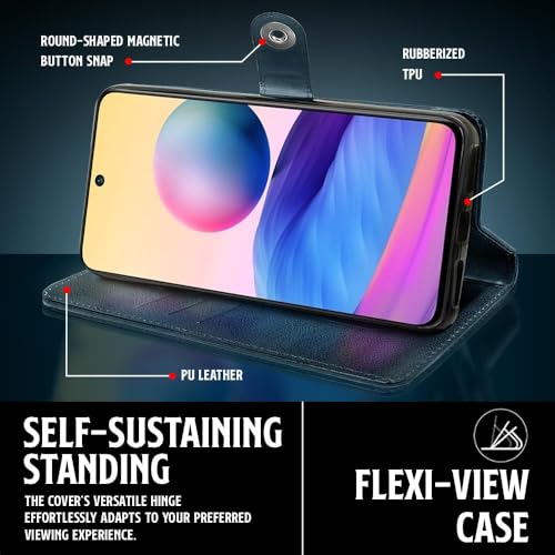Image of WOW IMAGINE Shock Proof Flip Cover Back Case for Xiaomi Redmi Note 10T 5G | Poco M3 Pro 5G (Magnetic Button Flip Case | Wallet Pockets & Stand | Leather Finish | Oxford Blue)