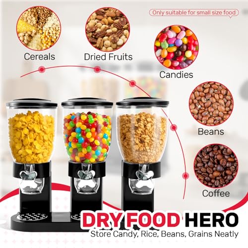Adorabby Triple Cereal Dispenser Countertop - 3 Pack 2L Large Cereal Containers Storage Airtight, Rotating Black Plastic Dry Food Dispenser for Cereal, Rice, Grains, Candy, Coffee Beans