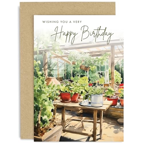 Old English Co. Gardener Birthday Card for Him or Her - Watercolour Birthday Card for Men Women - Greenhouse Gardening Theme Birthday Gift - Artisitc Card | Blank Inside with Envelope