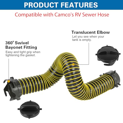 Image of 3FT RV Sewer Hose Extension Camper Sewer Hose Extension with Caps | EXTREME Heavy Duty 24 Mil, TPE Material, Abrasion Resistance and Crush Protection, Yellow