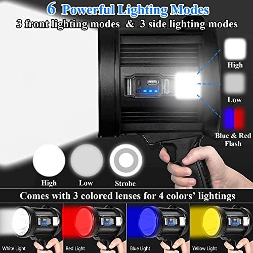Uhanciny Rechargeable Spotlight Flashlight, Solar 300000 Lumens Led Spot Lights Outdoor Handheld Large High Lumens Super Bright Searchlight With 6 Modes, 3 Colored Lenses, Usb Output, Ipx6 Waterproof #TOP2