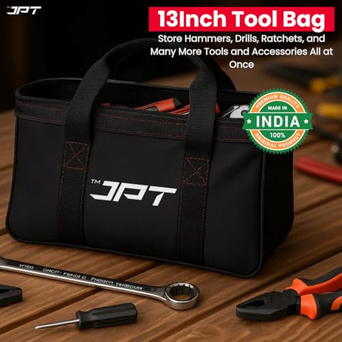 Image of JPT 13-Inch Heavy Duty Tool Bag, Wide Mouth Tool Storage Bag, Large Capacity Tool Tote Bag for Electricians, Power Tools Organizer