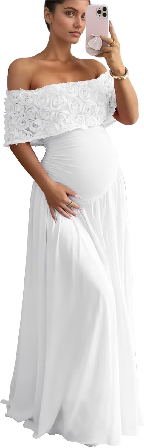 Cudiew Off The Shoulder 3D Floral Maternity Dress for Photoshoot Long Baby Shower Dresses Satin Preganant Gown