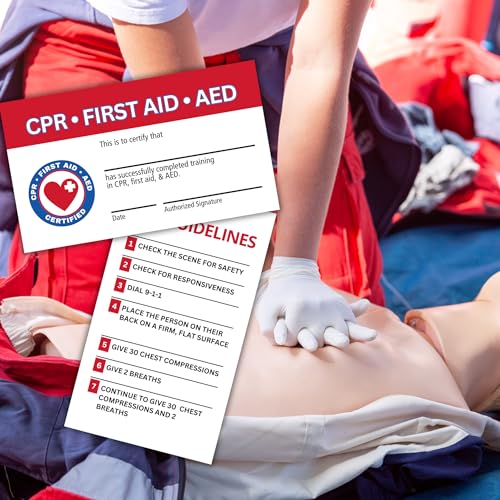 Image of Lashicorn CPR and First Aid AED Certification Cards | 30 pk 2x3.5 inch Wallet Sized Business Paper Quick Reference Guide Fill Out Name Training Certificate