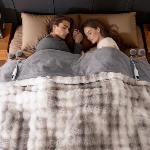 Bearhug Heated Blanket Dual Controllers Luxurious Faux Rabbit Fur Dual-Sided Electric Blankets King 100 x 90 10 Heat Settings 9 Hour Auto Shut-Off Machine Washable Gift-Ready Elegant Packaging