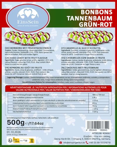 EinsSein Weihnachtsbonbons Tannenbaum grün-rot 500g | Handgemachte Süßigkeit für Adventskalender und Geschenke | Alterna