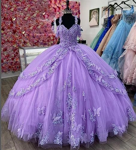 Zhangyo Spaghetti Straps Quinceanera Dresses with Butterfly Sweet 16 Ball Gown Puffy Lace Bithday Party Gowns CXL0933