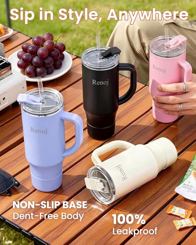 Image of Renoj Insulated Mug 100% Leak Proof Insulated Water Bottle for Iced Coffee & Hot Drinks - Fits Car Cup Holder, Ideal Gift, 2 Straws & Silicone Boot - SnapShift Black 32 oz