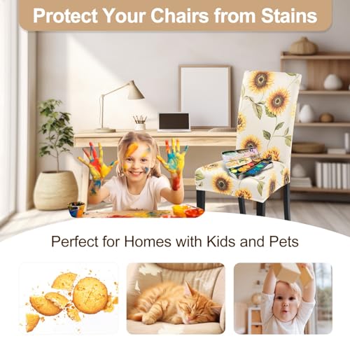 Image of SearchI Printed Dining Room Chair Covers Set of 4, Stretch Kitchen Chair Covers Washable Parsons Chair Slipcover Removable Dining Chair Protectors for Hotel,Ceremony(Sunflower)