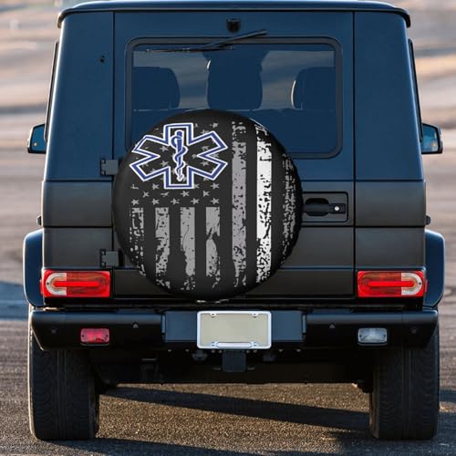 Image of Thin White Line EMS Paramedic American Flag Spare Tire Cover Weatherproof Wheel Protectors Dust-Proof Sun Protection Wheel Tire Covers Universal Fit for Truck SUV RV Camper Trailer 17 inch