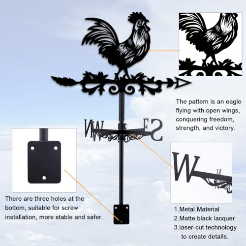 INFUNLY Schwarze Hahn-Wetterfahne, Küken-Windfahne, Rein Handgefertigt, Hahn-Eisen, Richtungsschild, Dachgarten, Außenbereich, Bauernhaus-Dekoration, 35 cm x 27 cm