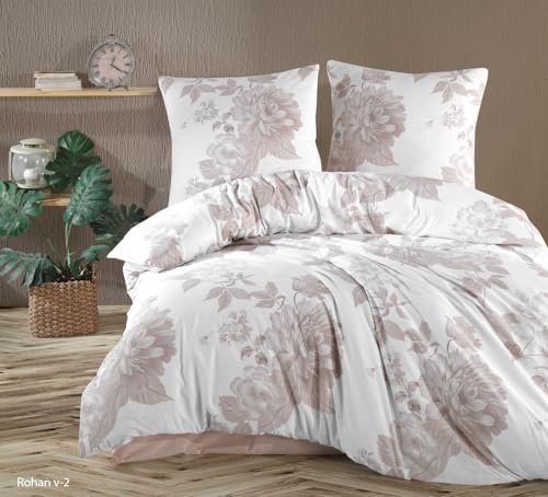 ZIRVEHOME Bettwäsche 135x200 weiß 2 teilig Set 100% Baumwolle bettbezug braun geblümt Kissenbezug 80x80 cm. Rohan V2