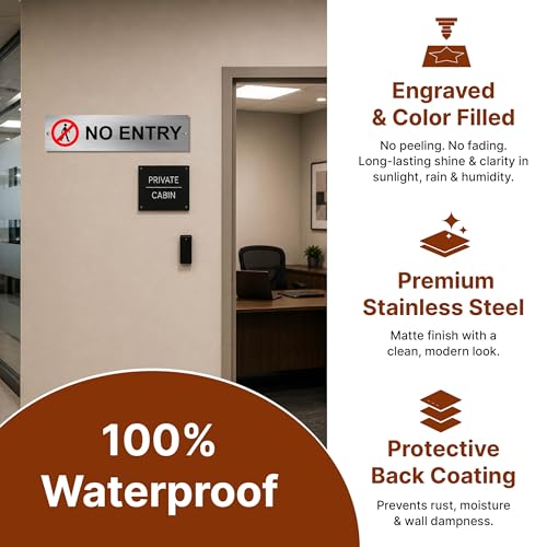 Image of Stainless Steel No Entry Sign Board for Office, Mall, Restaurant, Hotel, Factory & Commercial Areas | Waterproof Engraved Safety Signage Plate for Indoor & Outdoor Use