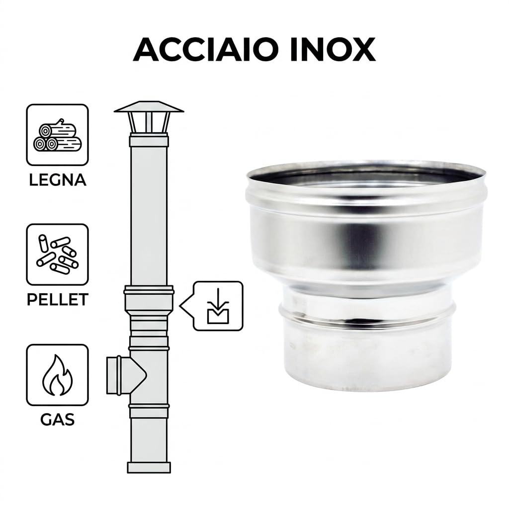 MAKA Aumento per Canna Fumaria in Acciaio Inox, Raccordo di Aumento Diametro per Tubo Fumo Monoparete, Innesto Maschio-Femmina (Ø 120 (M) → Ø 130 (F), AISI 316)