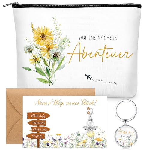 Clabby Geschenkset für Kollegen Inspirierende Kosmetiktasche Schutzengel Schlüsselanhänger Pass auf dich auf Glücksbringer Grußkarte Umschlag Abschiedsgeschenk Jobwechsel Arbeit Rente (Sonnenblume)