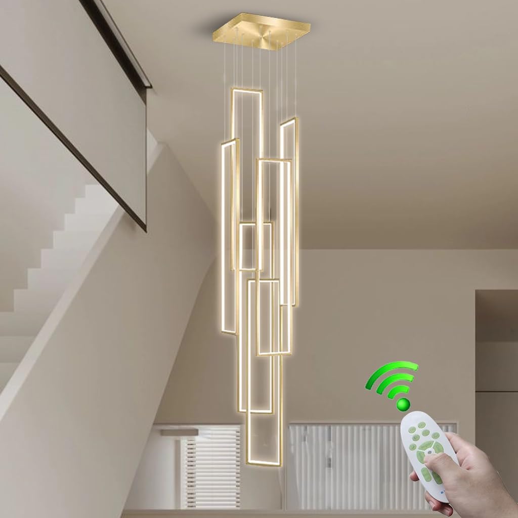 Stesulfr Gold Modern Led Chandelier With Remote Foyer Chandeliers For High Ceilings 6 Lights 3000-6500K Dimmable Large Chandelier Staircase Pendant Light Fixture For Entryway Living Room Villa Hotel(,6
