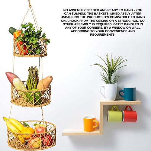 Kitchen Science Hanging Fruit Baskets For Kitchen, 3-Tier Woven Wicker Seagrass Baskets | 100% Natural, Robust Wood Frame & Braided Jute Rope, Handwoven 3 Tier Fruit Baskets #TOP2