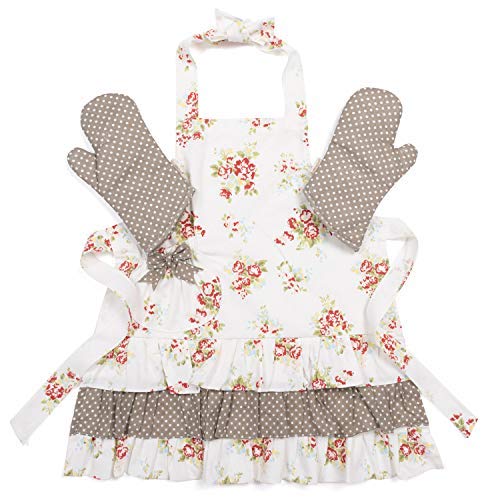 NEOVIVA Kids Apron and Child Oven Mitts Set for Pretend Kitchen Floral Polka Dots Toddler Kitchen Linen Set for Girls Floral Nitong Roses