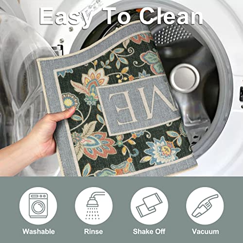 Wonnitar Floral Door Mat,24"X36" Non-Slip Welcome Mat Indoor Low-Profile Front Door Mat,Durable Absorbent Entryway Doormat,Vintage Washable Floor Mat For Garage Entrance Entry,Grey #TOP3