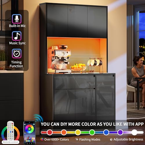 DWVO 71''Tall Kitchen Pantry Storage Cabinet, Modern Kitchen Buffet Hutch Cabinet with Power Outlet, Large Food Pantry Cabinets with Doors and Shelves, Wine Rack for Dining Room, Black