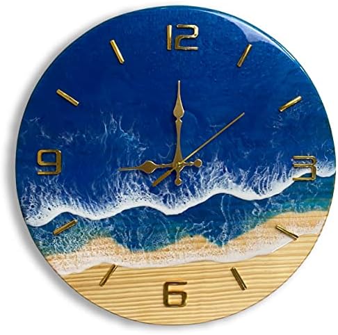 Resin Wood Wall Clock 16" 40cm, Custom Epoxy Wave Coastal Sea Round Clock, Silent Non-Ticking Clock Beach Seashore Seascape Theme Art Décor for Home Kitchen Office Living Bedroom CL40REA