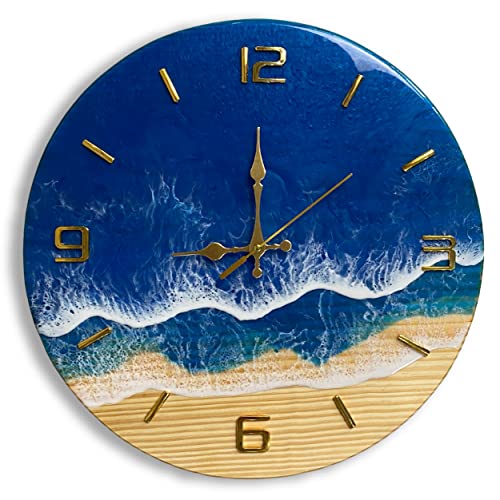 Resin Wood Wall Clock 16" 40Cm, Custom Epoxy Wave Coastal Sea Round Clock, Silent Non-Ticking Clock Beach Seashore Seascape Theme Art Décor For Home Kitchen Office Living Bedroom Cl40Rea #TOP15