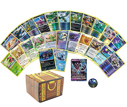 25 Assorted Pokemon Cards - 1 GX Ultra Rare, 2 Holographics, 22 Reverse Holographic Rares, and 1 Assorted Pokemon Coin - Includes Golden Groundhog Storage Treasure Chest