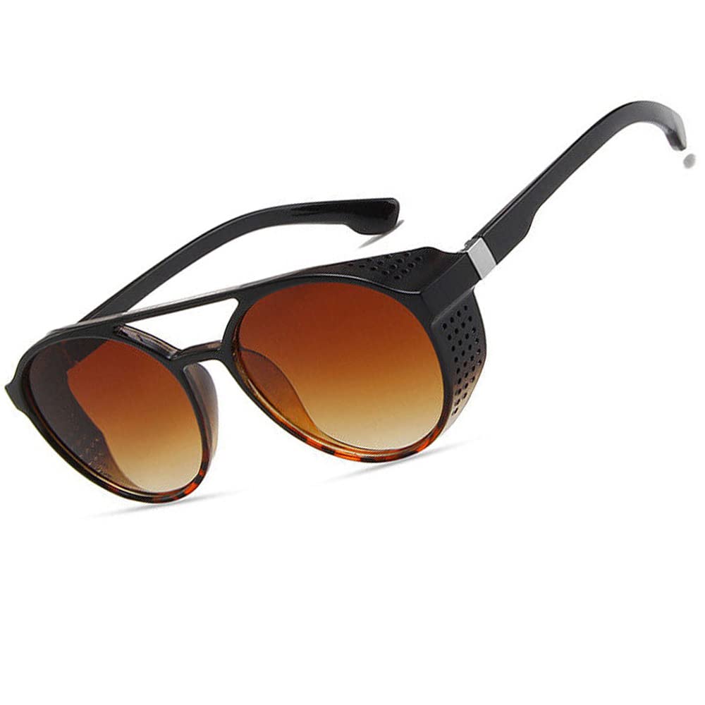 Steampunk Side Mesh Round Circle Retro Vintage Punk Men Sunglasses Goggle Shade (Black Leopard)