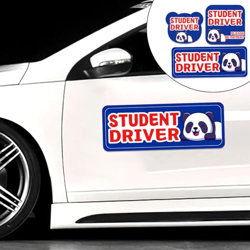 Image of Student Driver Please Be Patient Car Magnet, Blue Panda Cute Shape, Patient with Reflective Magnetic Bumper Sticker Set Detachable, Novice Safety Signs.Set of 3