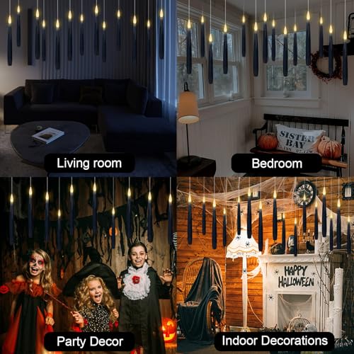 Image of GenSwin Flameless Floating Candles Wand Halloween Decorations Black 22pcs | 6H Timer, Battery Operated Hanging Window Candles, 24 Sticky Hook & Glue Dots, 0.45 x 6.1 In, 4.9 Ft Fishing Line