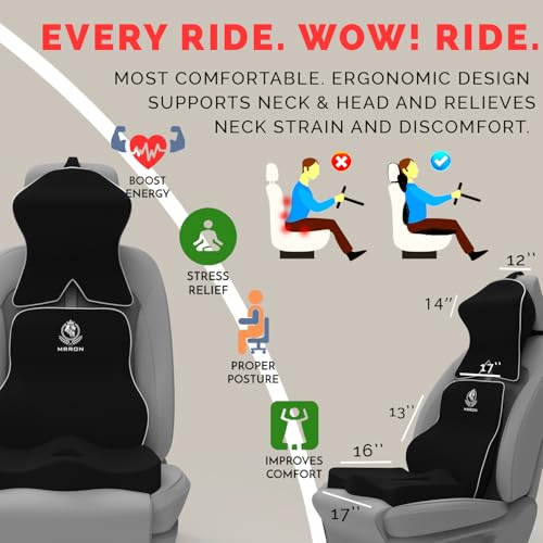 Image of MRRON Memory Foam Posture Corrector Car Seat Cushions Combo | Orthopedic Backrest, Coccyx Cushion & Neckrest | Ergonomic Lumbar Comfort Seat Cushion | Reduces Sciatica (Black, Long Back)