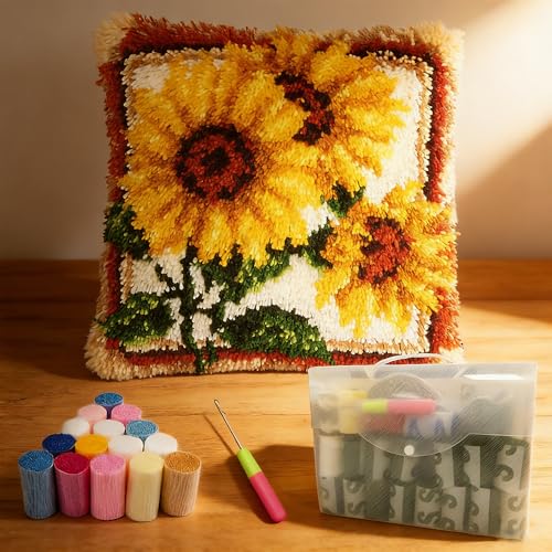Image of LUBOT Butterfly Rainbow Latch Hook Kits for Adults Rug Pillow Cover with Printed Canvas Pattern Crochet Kit for Beginners 17 inch X 17 inch