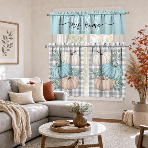 Image of Fall Pumpkin Kitchen Curtains 3 Piece Set Tier Valance | Thanksgiving Kitchen Curtain Set Includes 54x18in Valance and Two 27.5x36in Tier Curtains for Kitchen Window Decor