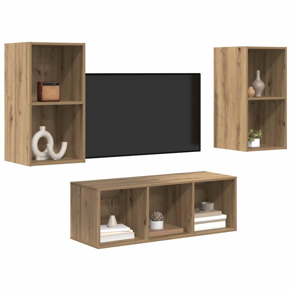 TV-Schrankset Wandmontiert 3-teilig, Artisan-Eiche Holzwerkstoff, Modernes Media-Center für Wohnzimmer, Elegante Aufbewahrung, Platzsparendes Design