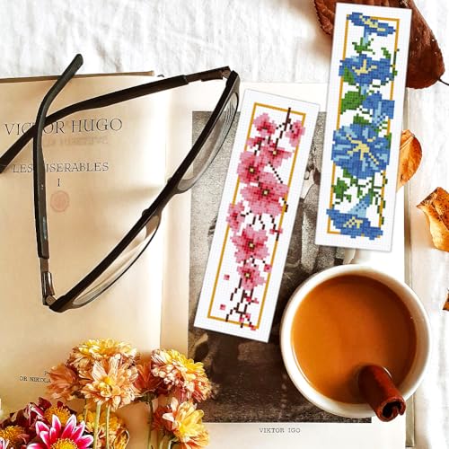 Image of BEUNITONE 6 Pcs Flower Cross Stitch Bookmarks Kit for Adults Beginner DIY Stamped Embroidery Bookmark Kit with Instructions Cute Stamped Embroidery Bookmark for Book Lovers Handmade Gift 8''x2.4''