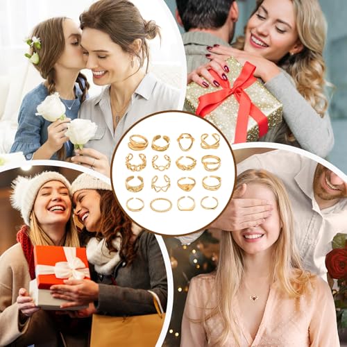 XSDSLS 16 Stück Gold Ringe für Damen Chunky Rings Klobige Ringe Knuckle Offene Verstellbarer Ring Stapelbare Fingerring Gold Chunky Dome Dicke Offene Rings Set Stapel für Frauen